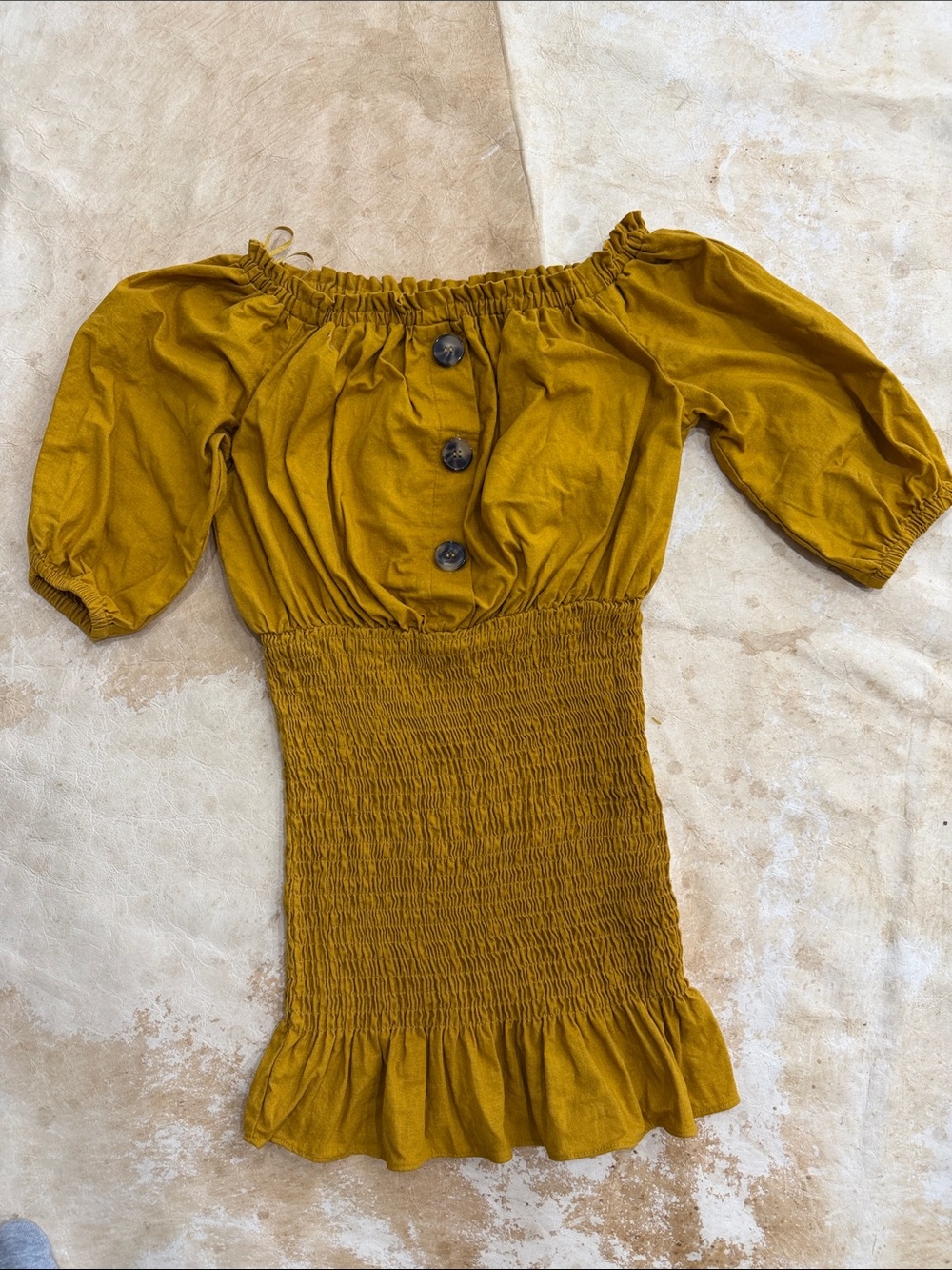 Zara Mustard Smocked Off-Shoulder Top with Button Detail